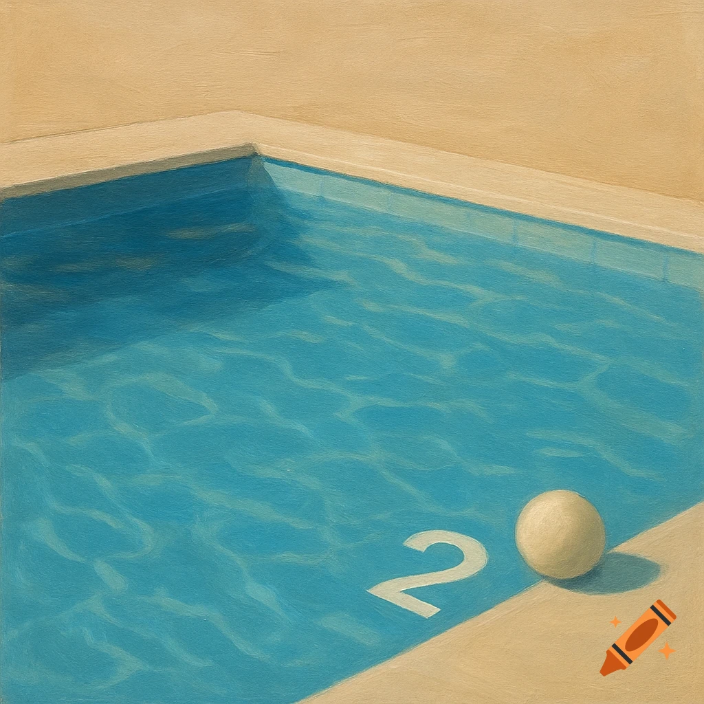 Painted scene of a swimming pool with a white ball and the number 2 on the bottom.