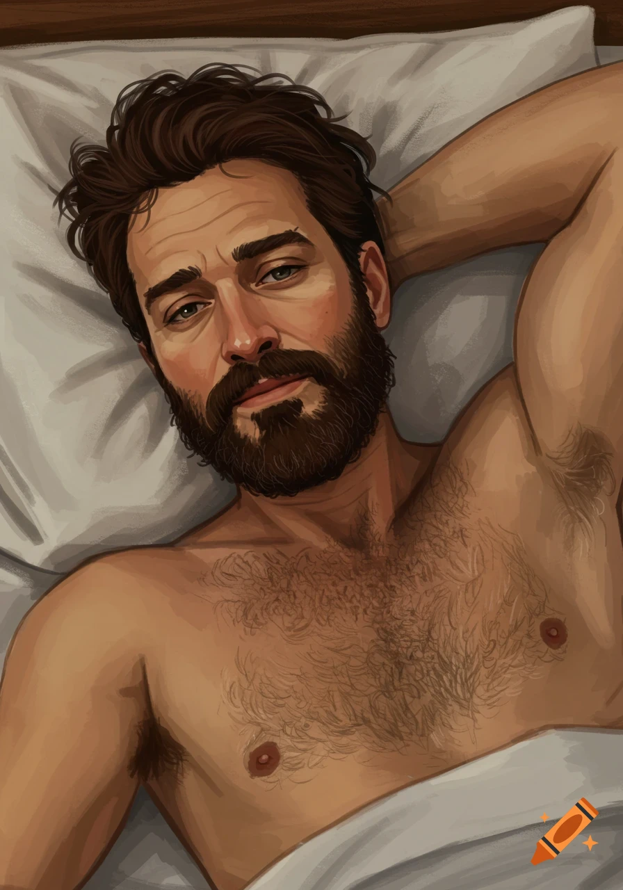 Illustrated portrait of a bearded man laying in bed looking at the viewer.