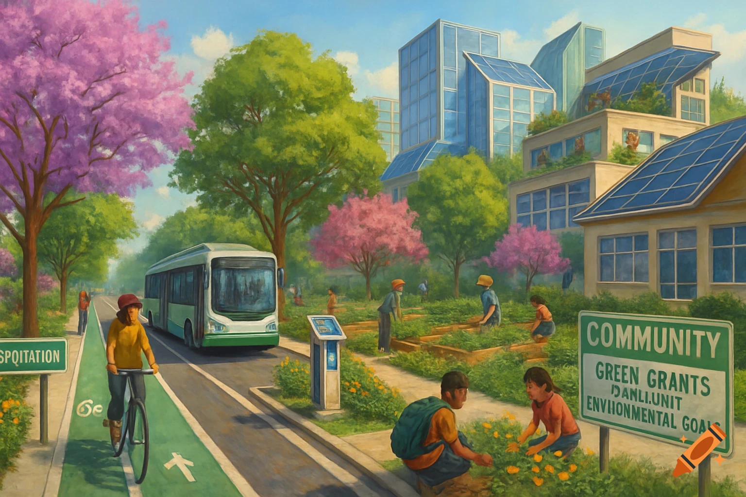 A painted scene of a sustainable city with solar-paneled buildings, community gardens, a bus, and people cycling and gardening.
