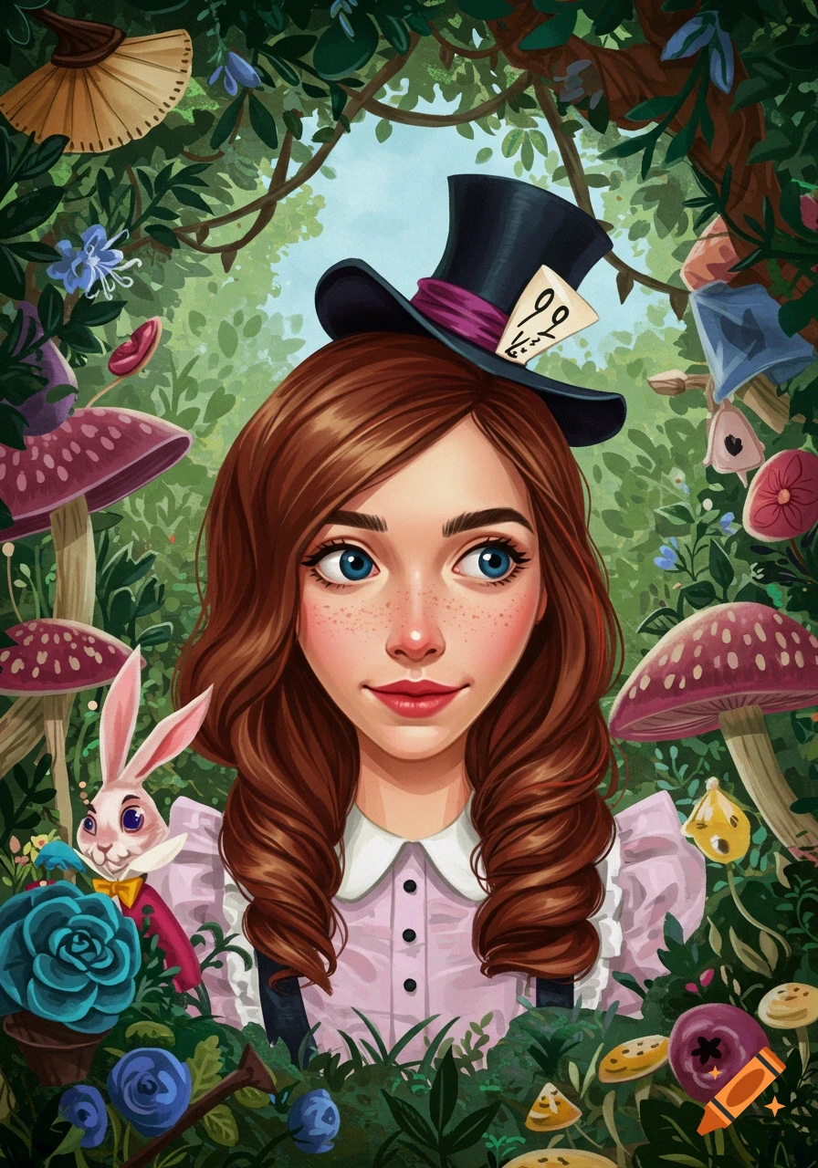 Illustration of a girl wearing a top hat in a fantasy forest with mushrooms and a white rabbit, inspired by Alice in Wonderland.