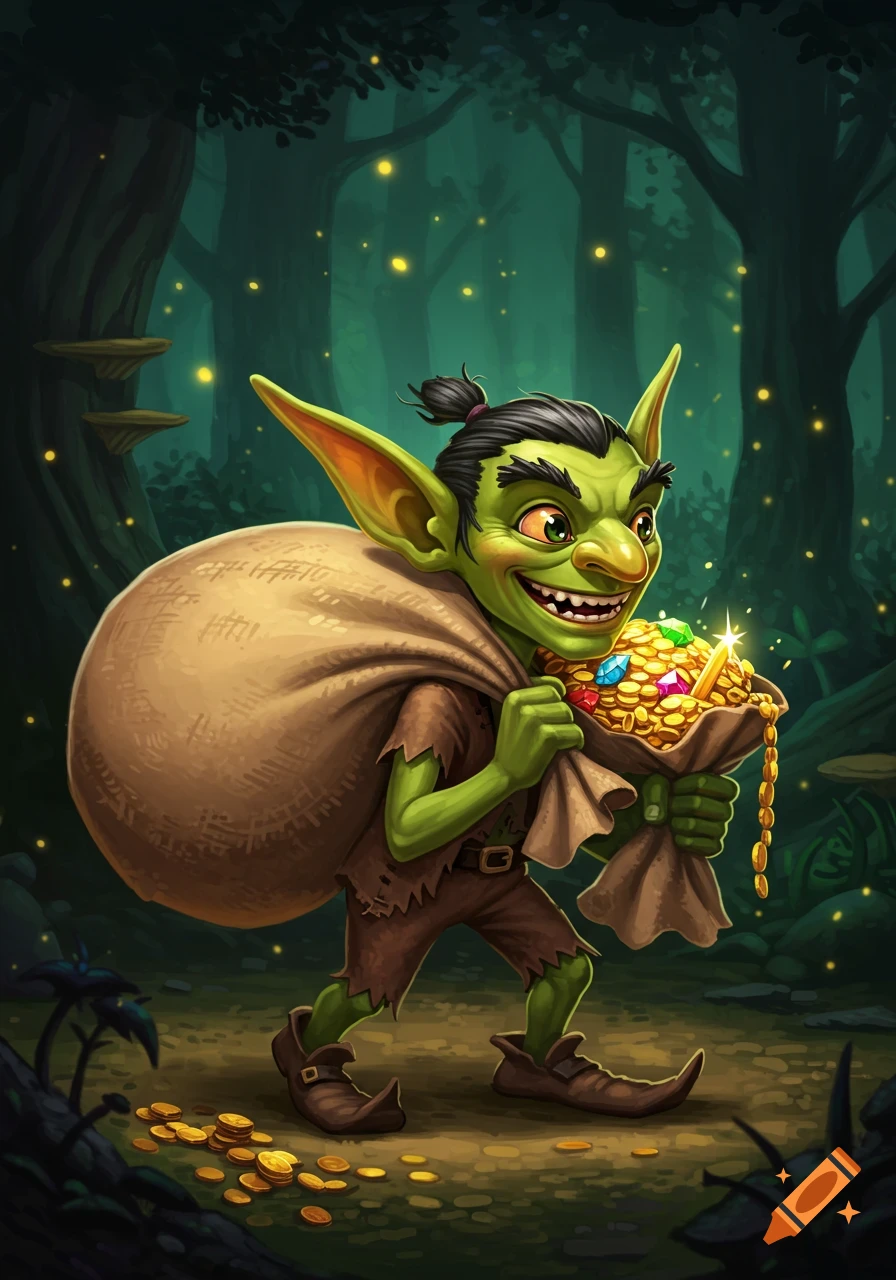 Cartoon illustration of a goblin carrying a sack and a bag of gold coins in a forest.