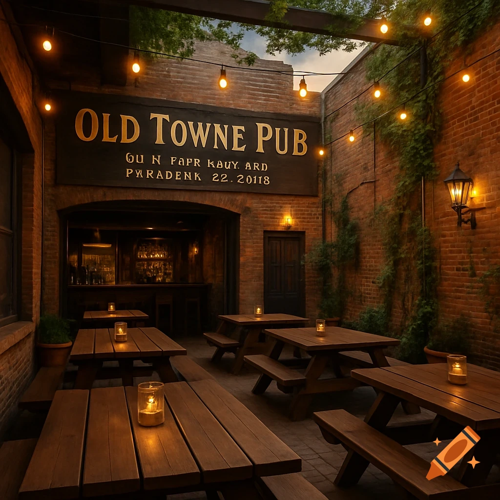 Pub patio with wooden picnic tables under string lights against a brick building with an 'OLD TOWNE PUB' sign.