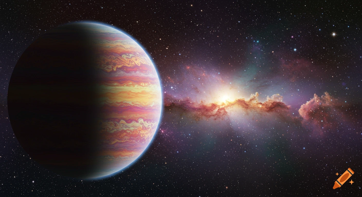 A large planet in space next to a colorful nebula.