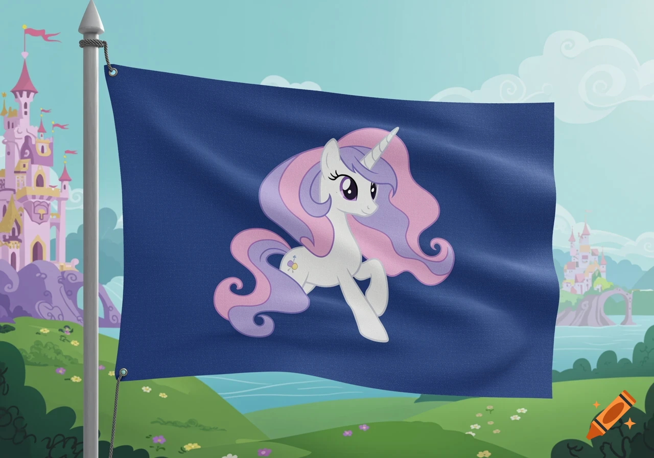 Dark blue flag with a cartoon white unicorn against a landscape with castles