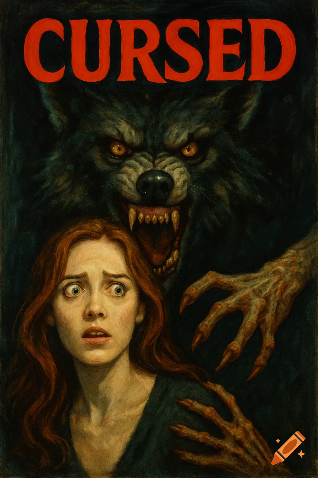 Movie poster titled CURSED showing a scared woman with a snarling werewolf behind her and creepy hands reaching.