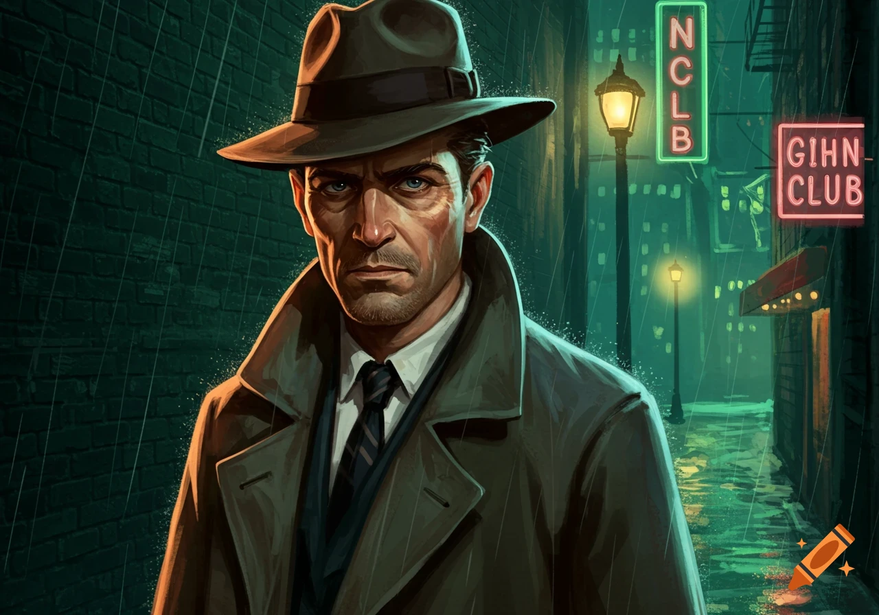 A man in a trench coat and fedora stands in the rain on a city street at night, in a pulp art style.