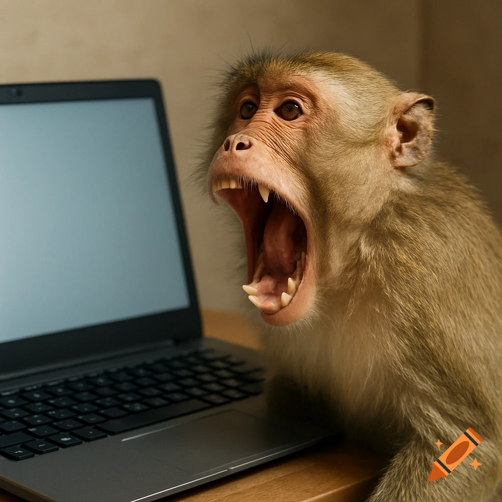 A monkey with its mouth wide open sits next to a laptop.