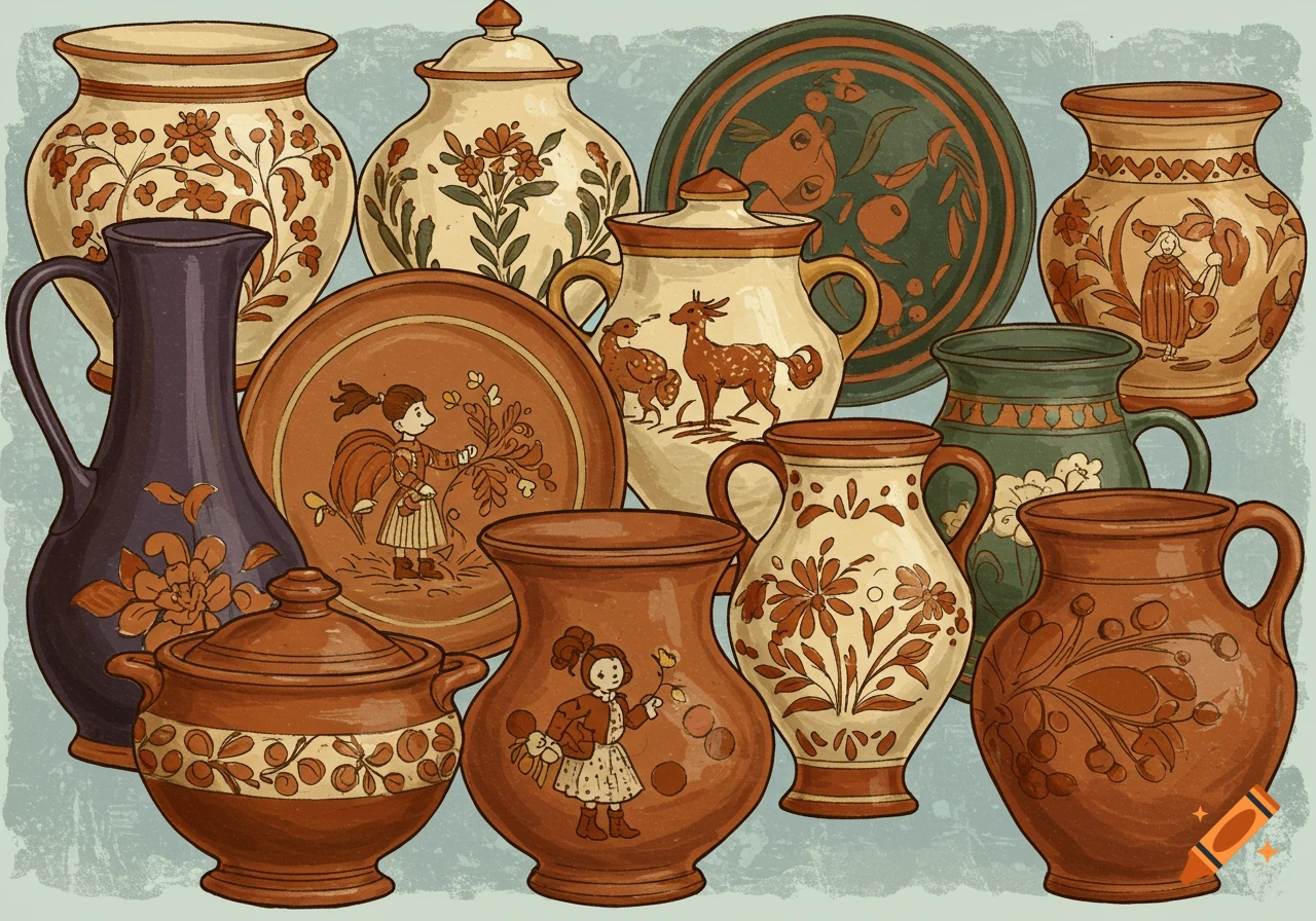 A collection of vintage folk art pottery including vases, jars, and plates with decorative patterns.