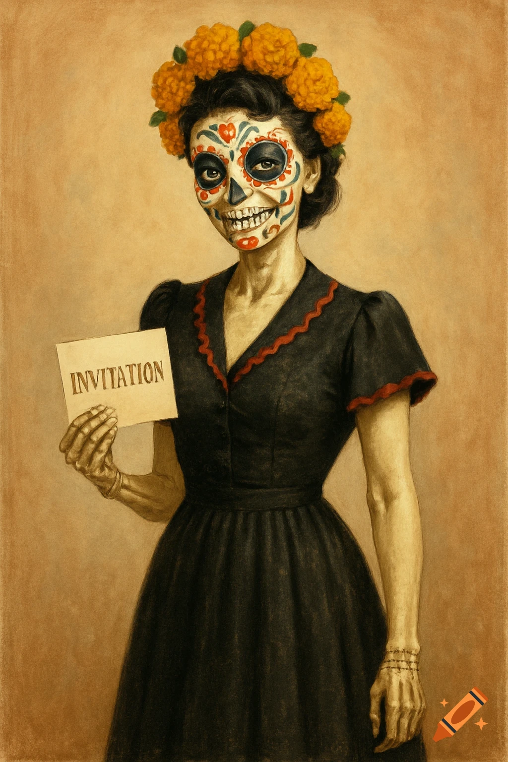 A portrait of a woman with Dia de Muertos face paint and marigold flowers in her hair, holding a card that says 'INVITATION'.