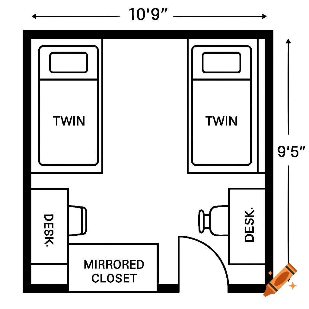 Overhead diagram of a room layout with dimensions 10'9'' x 9'5'', two twin beds, two desks, and a mirrored closet.