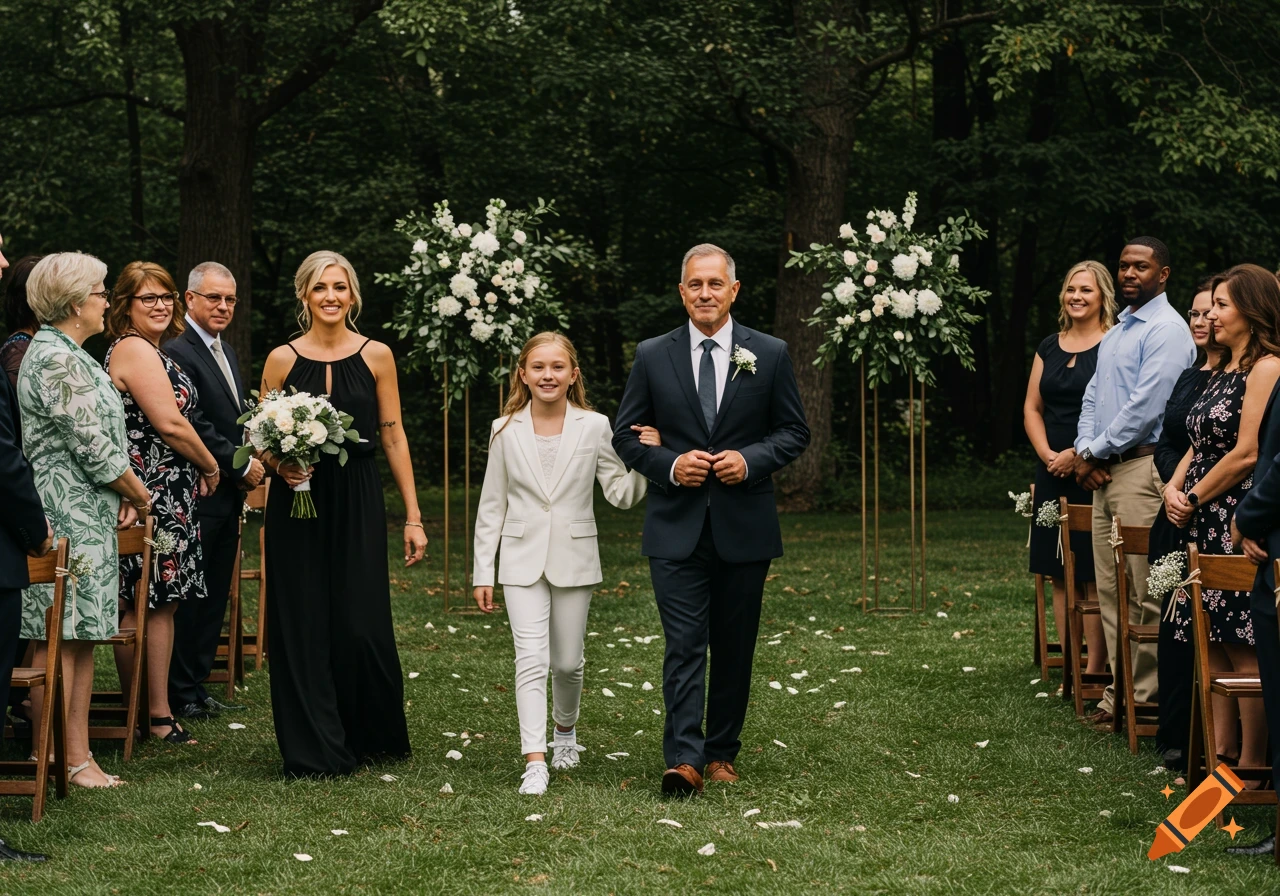 A man walks down an outdoor wedding aisle arm-in-arm with a girl in a white suit, as a woman in a black dress watches.