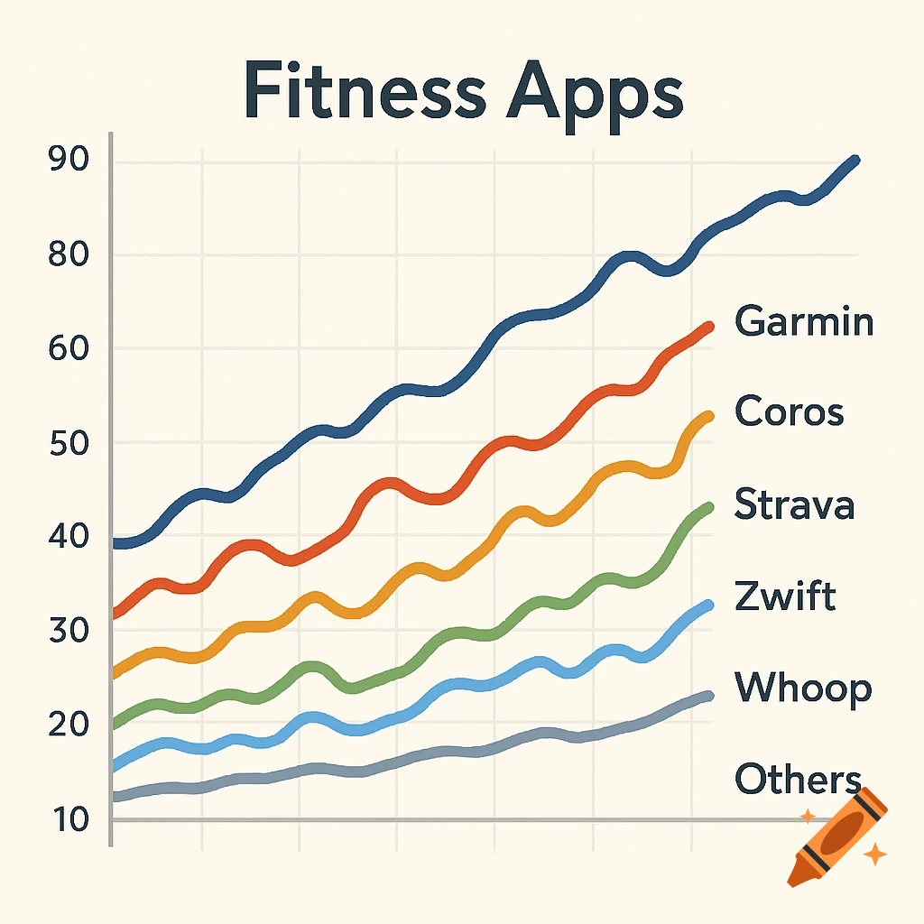 A line graph titled 'Fitness Apps' showing trends for various fitness apps like Garmin, Coros, Strava, Zwift, and Whoop.