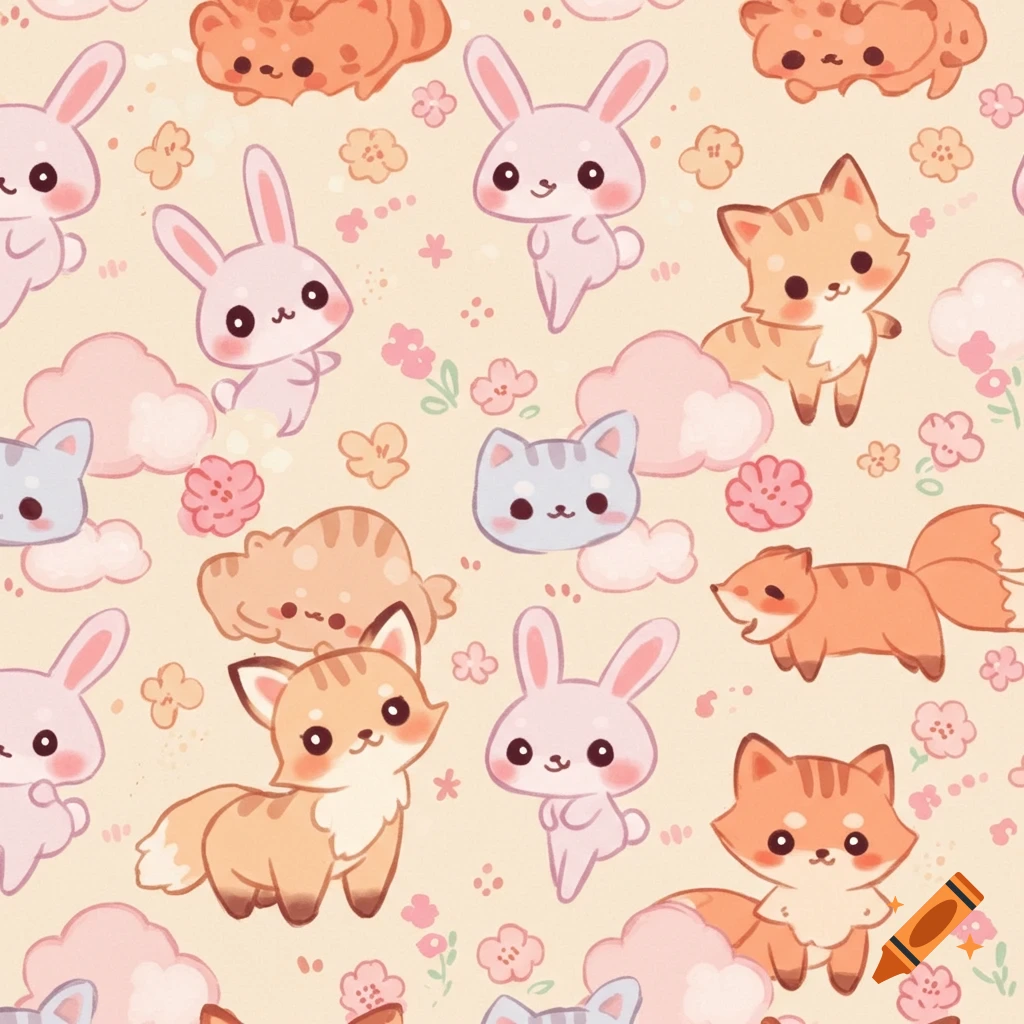 Seamless pattern of cute cartoon rabbits, cats, and foxes with clouds and flowers.