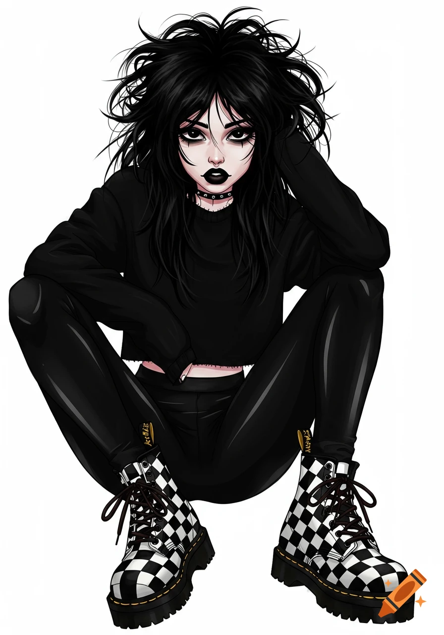 Illustration of a squatting anime girl with messy black hair, black cropped sweater, black leggings, and checkered platform boots.