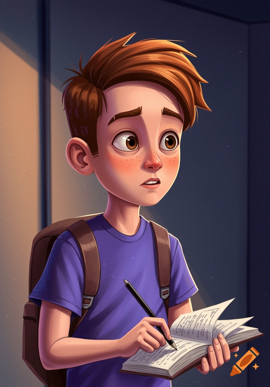 A cartoon boy with a backpack looks worried while writing in a notebook with a pen.