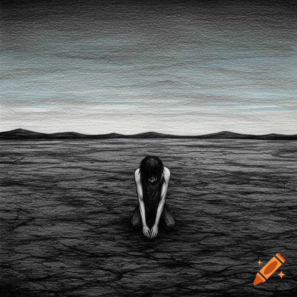 A person kneels on cracked earth under a bleak sky in a drawing style.