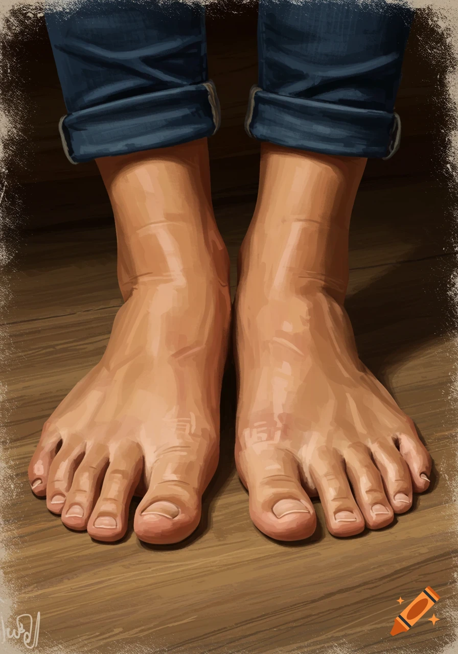 Digital painting of bare feet wearing rolled-up jeans on a wooden floor.