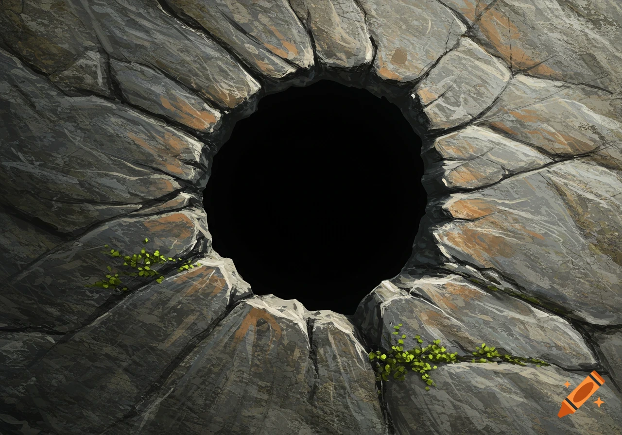 Close-up view of a dark hole in grey rock with green moss.