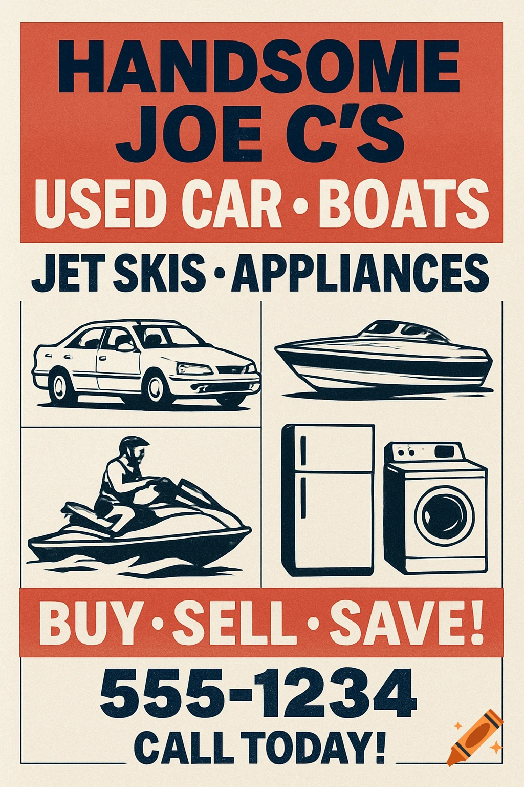 A business flyer advertising used cars, boats, jet skis, and appliances.