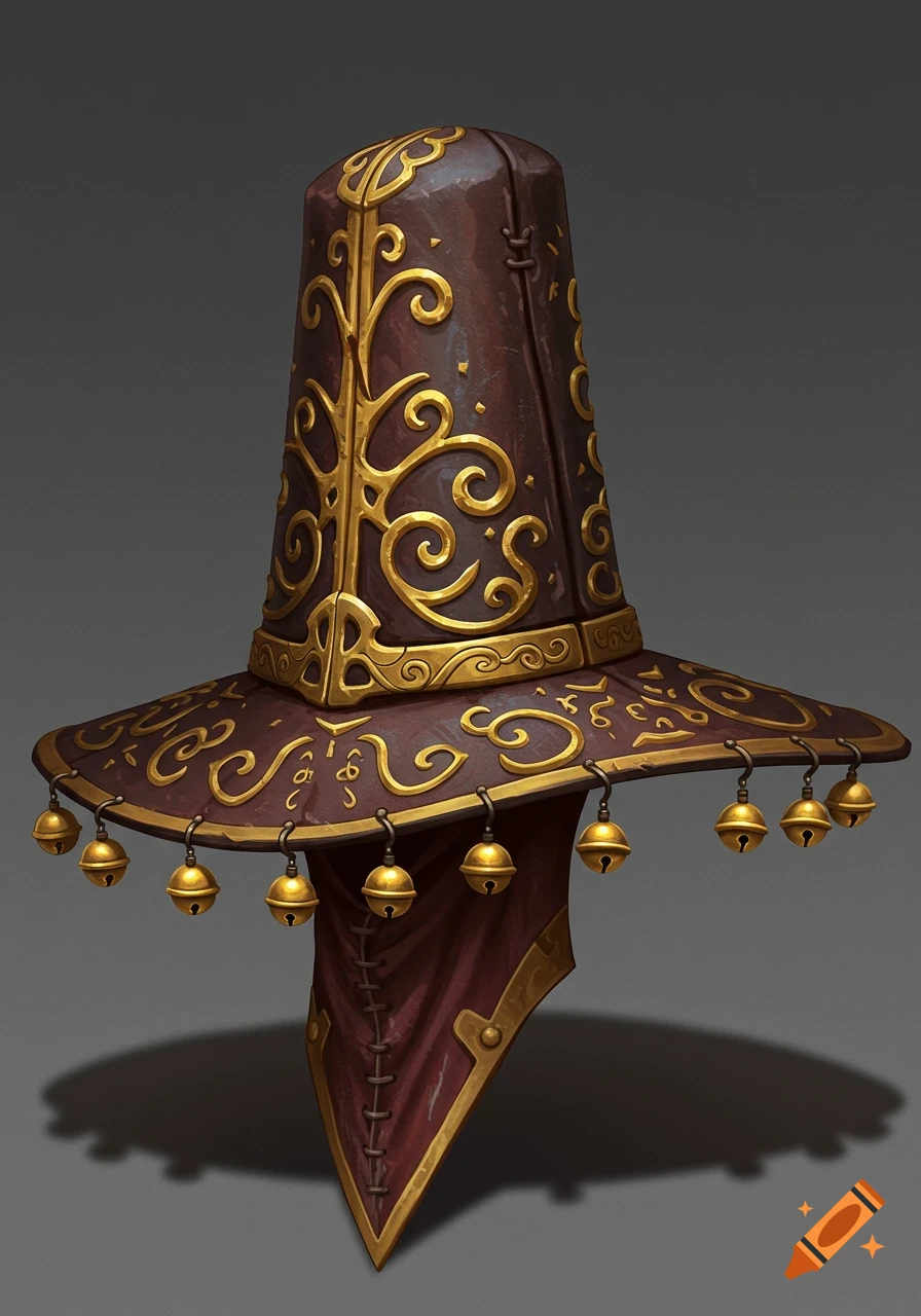 A highly detailed brown and gold fantasy hat with decorative bells