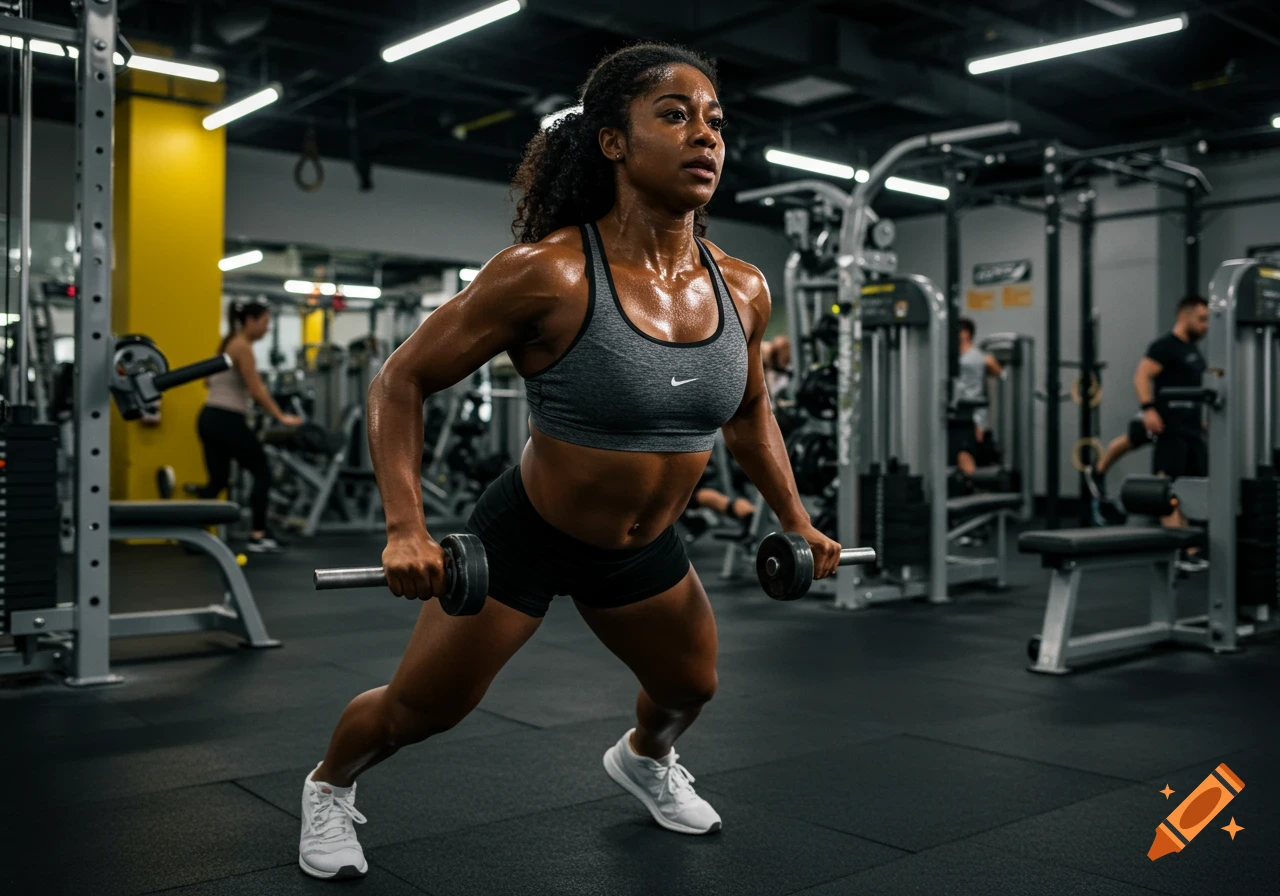 Athletic woman lifting dumbbells while lunging in a gym.