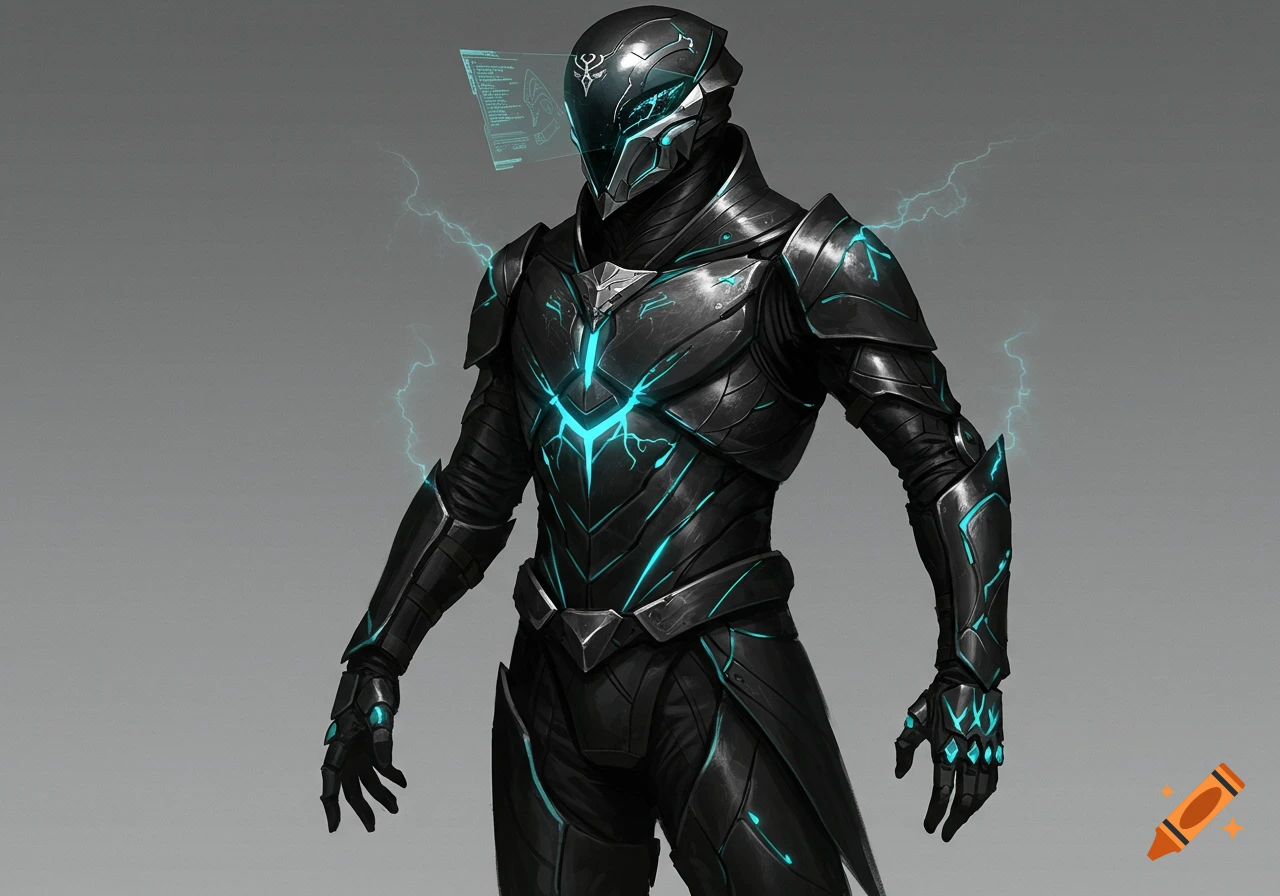 A character in futuristic black armor with glowing blue accents and lightning effects, featuring a holographic display near the helmet.
