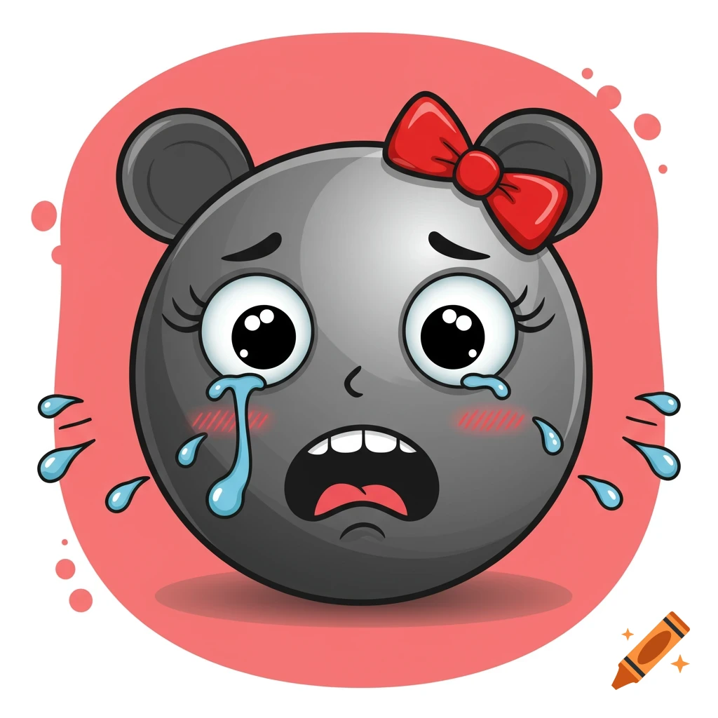 Cartoon metallic sphere character face crying with mouse ears and a red bow.