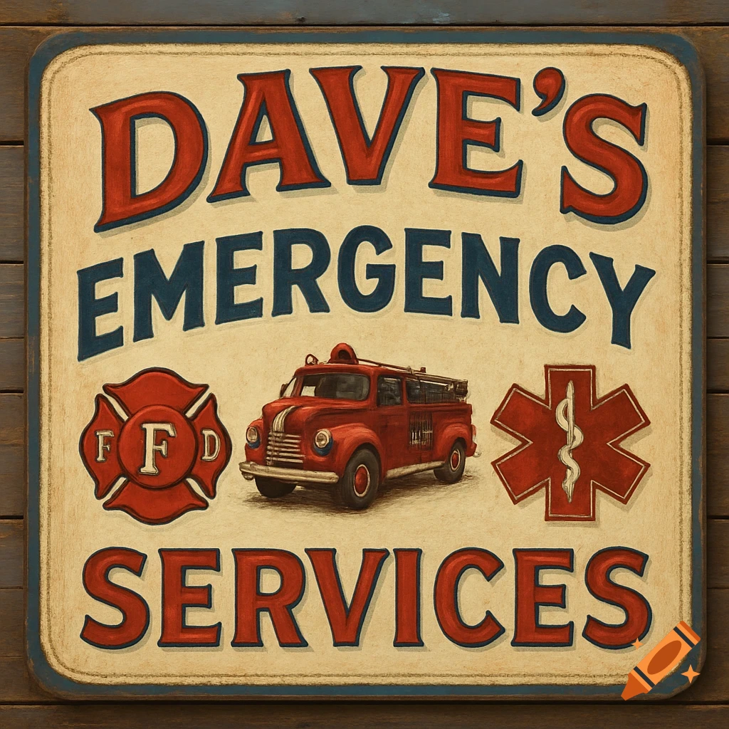 A vintage style sign that reads DAVE'S EMERGENCY SERVICES with a fire truck and symbols.