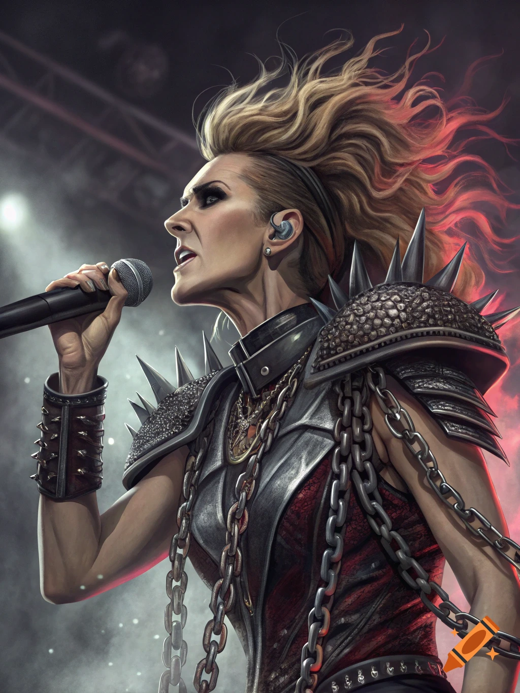 Stylized illustration of a singer in heavy metal attire on stage, holding a microphone.