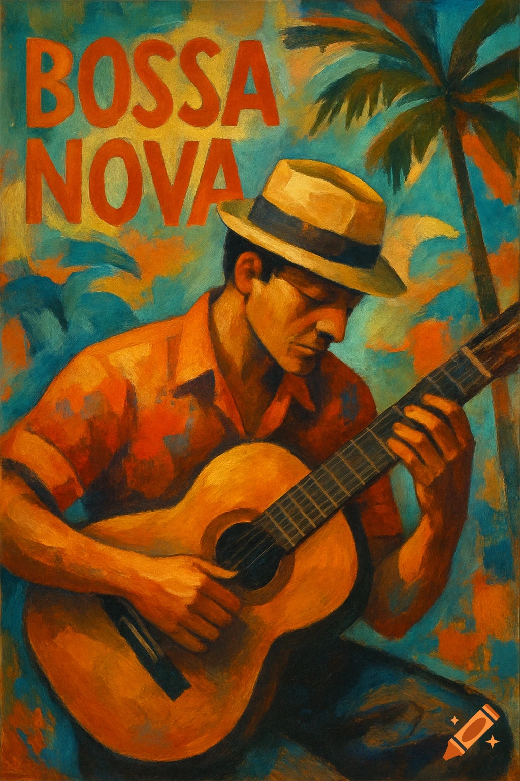 Painting of a man playing a guitar under a palm tree with BOSSA NOVA text