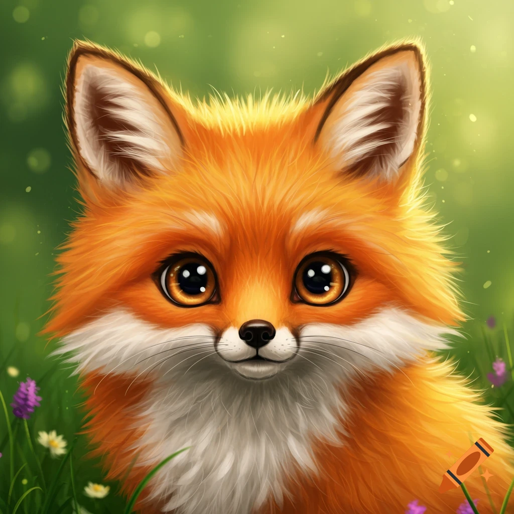 Close-up portrait of a cute, fluffy orange fox with big eyes in a field.