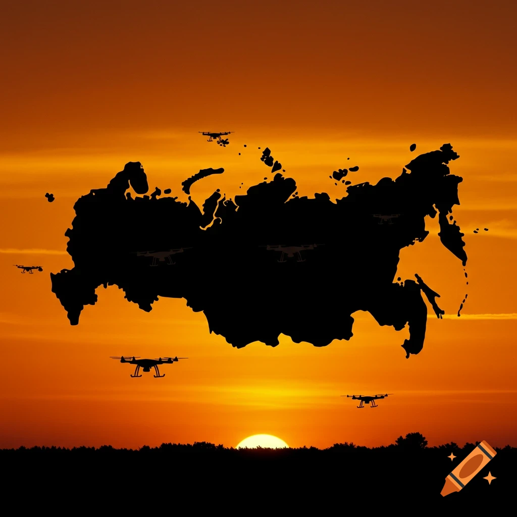Silhouette map of Russia with drones flying over it during a sunset.