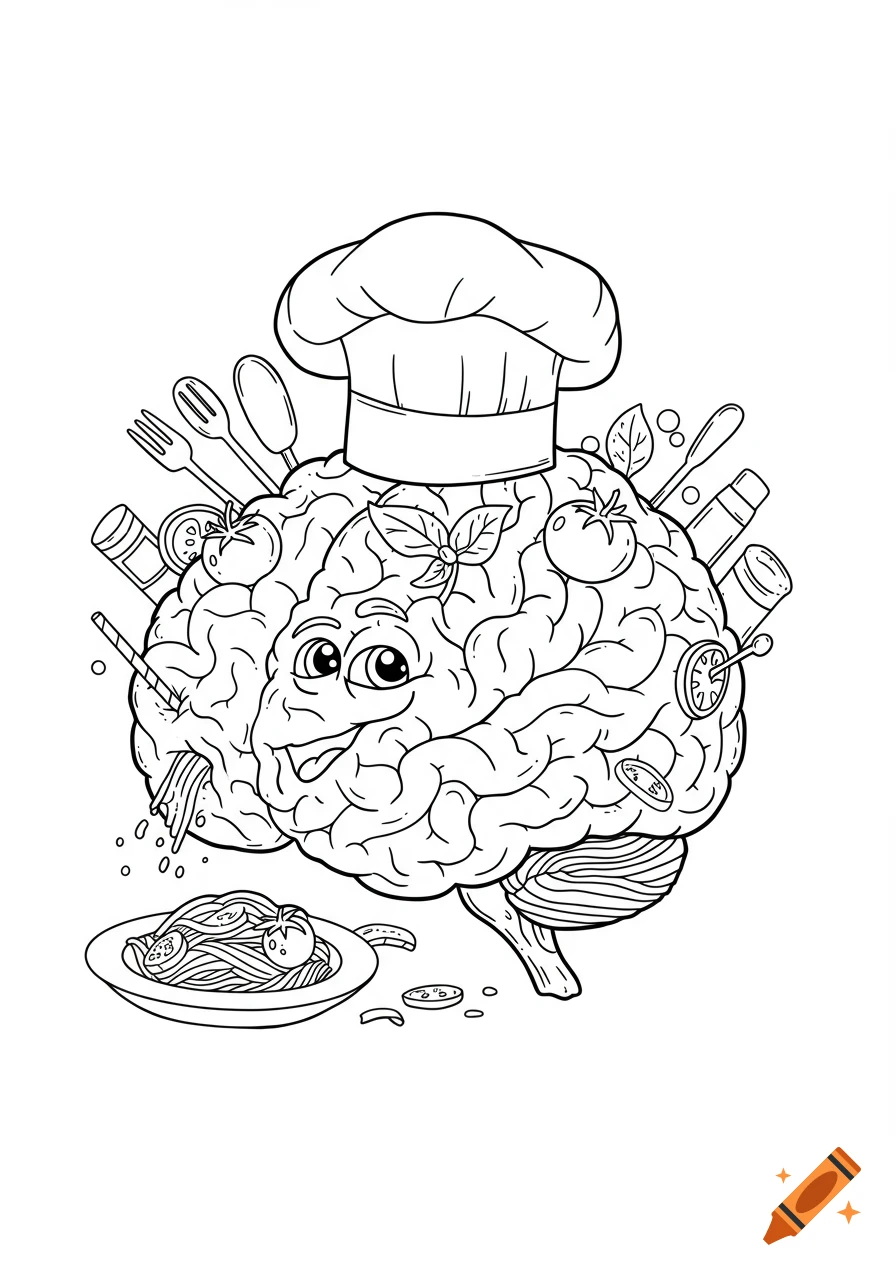 Black and white line art coloring page of a cartoon brain wearing a chef hat, surrounded by Italian food and utensils.