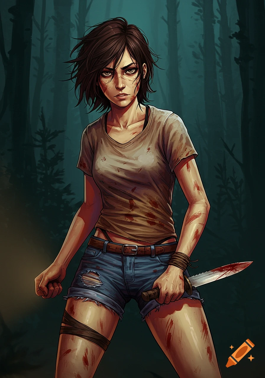 Stylized art of a woman with bloodstains and knife in a dark forest.
