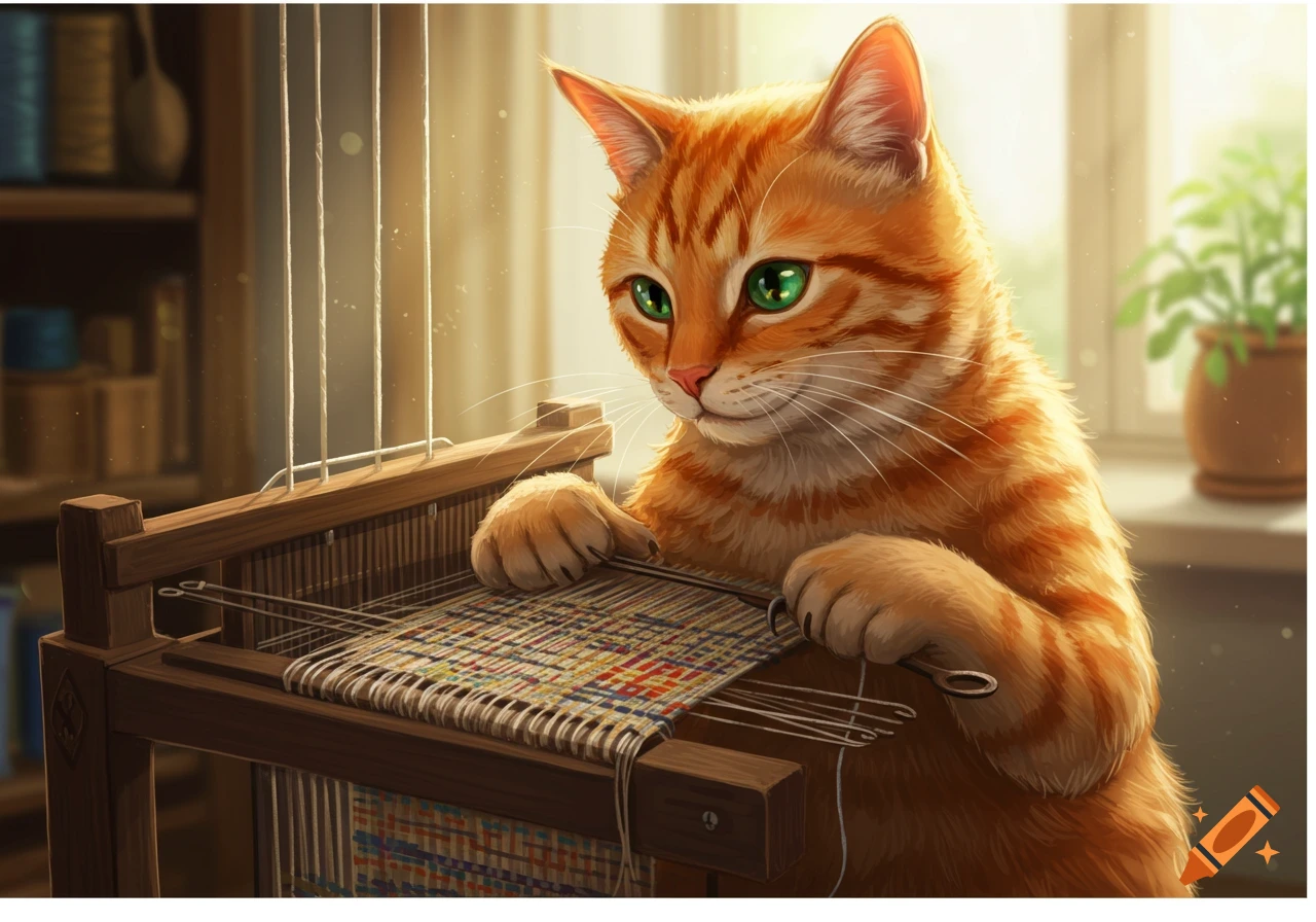Orange tabby cat weaving colorful fabric on a small loom.