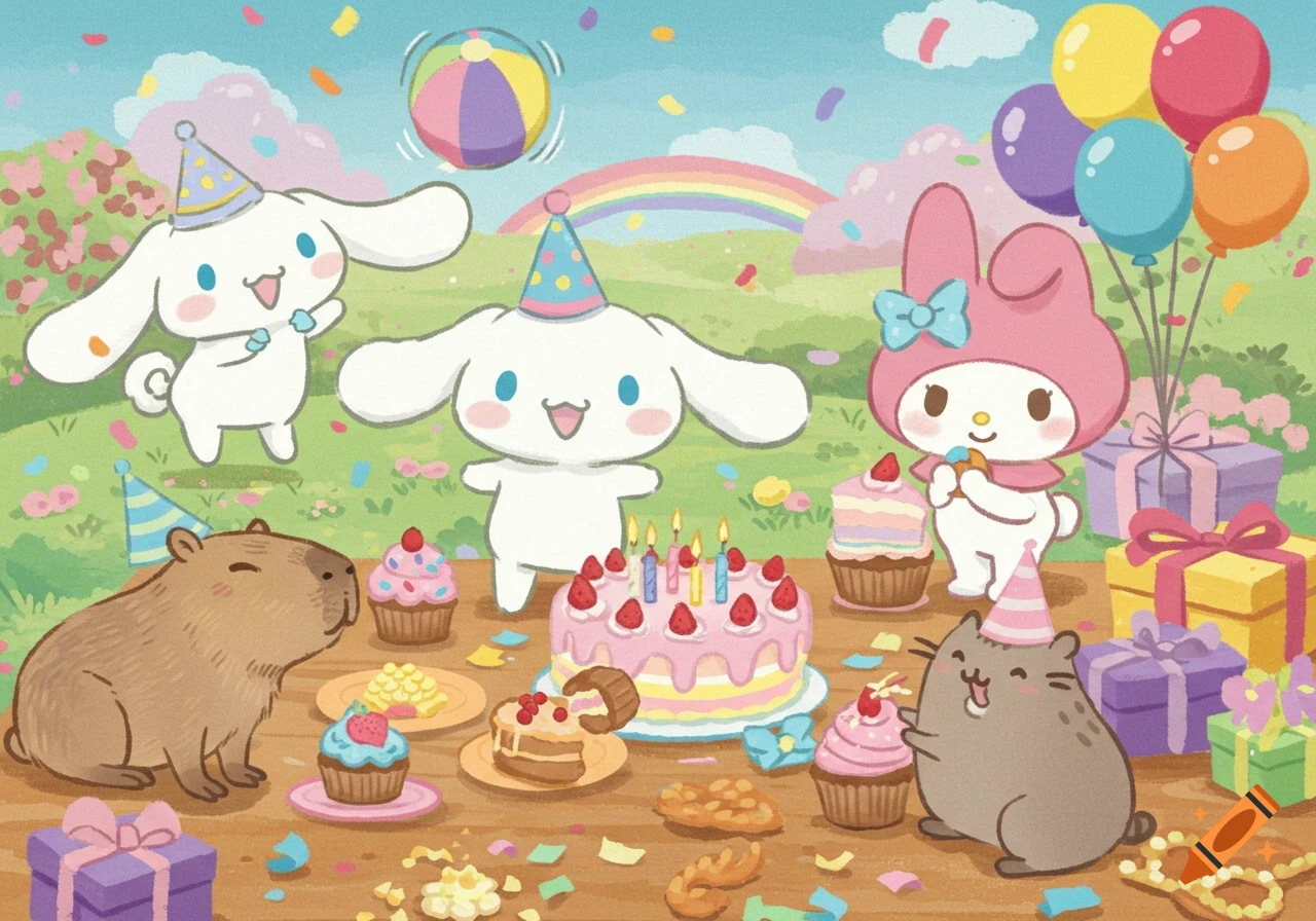 Cinnamoroll, My Melody, a capybara, and Pusheen celebrating with cake, cupcakes, and balloons at a birthday party.