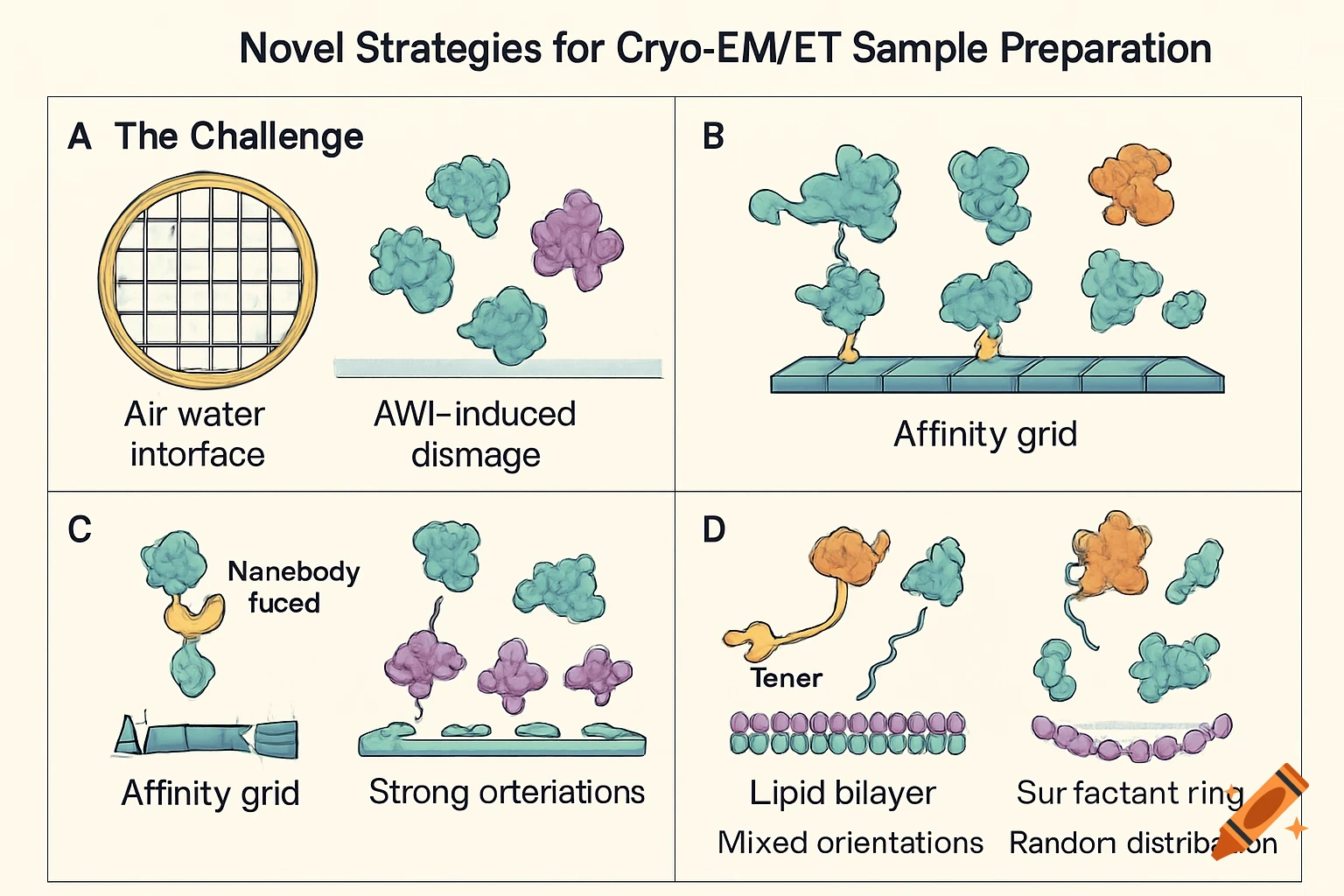 Multi-panel scientific illustration showing strategies for cryo-EM/ET sample preparation, with diagrams and labels.