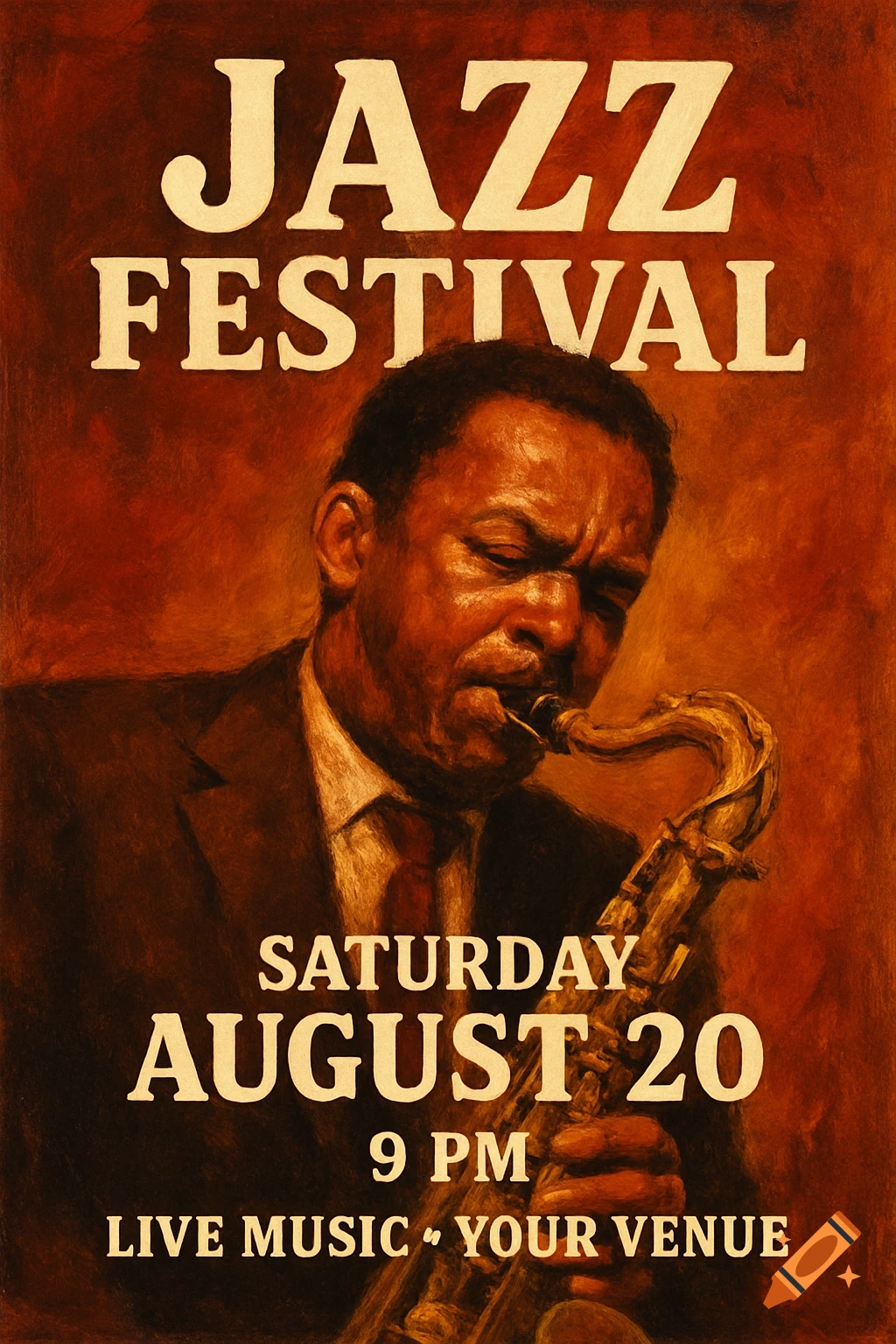 Oil painting style poster for a Jazz Festival featuring a musician playing a saxophone. Text includes 'Jazz Festival', date, time, and 'Live Music'.