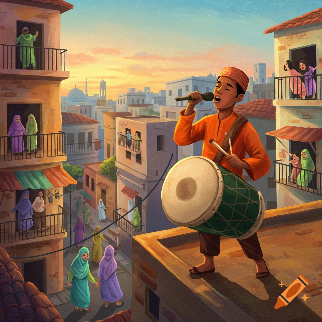 Illustration of a boy singing and playing a drum on a rooftop in an old city during sunrise, with people watching from balconies.
