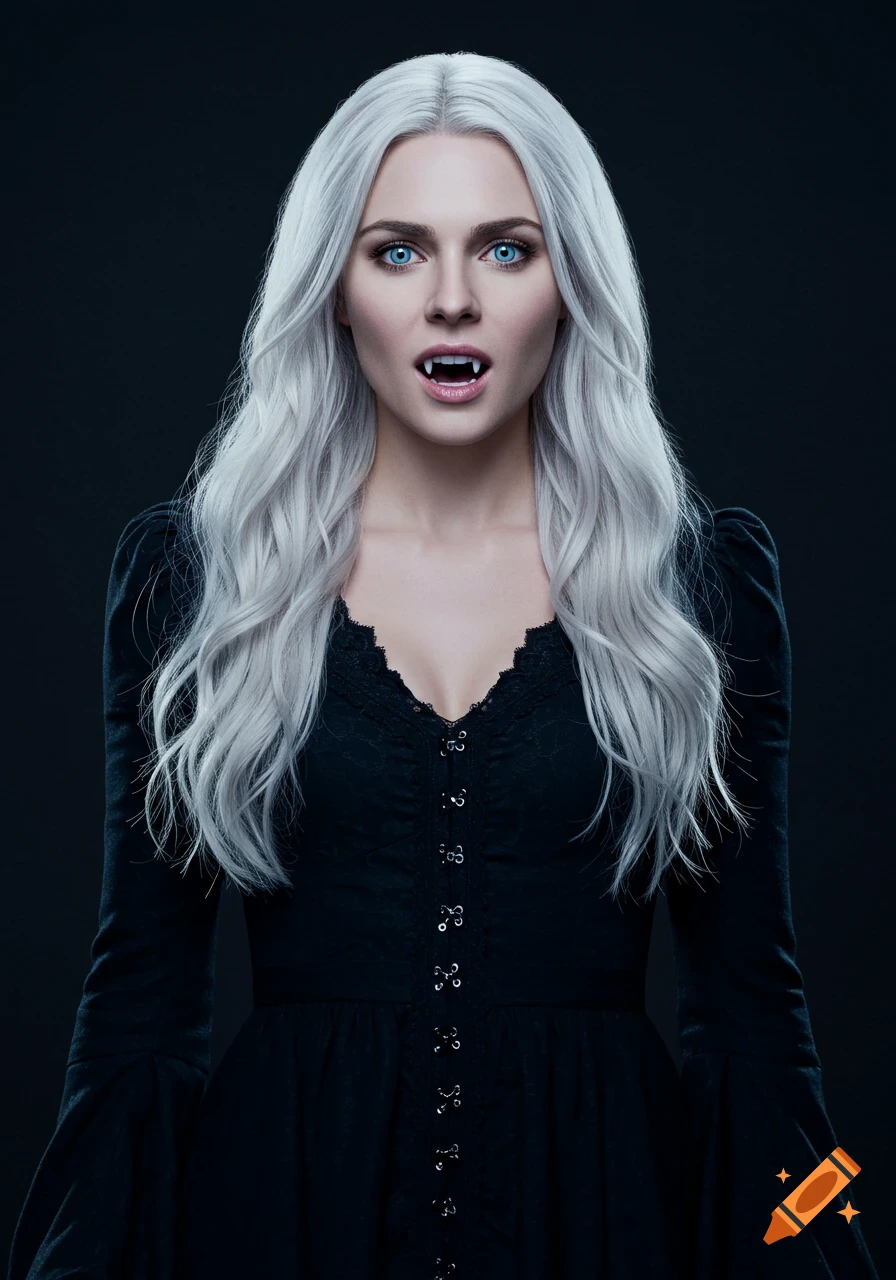 Portrait of a woman with white hair, blue eyes, and vampire fangs, wearing a black dress
