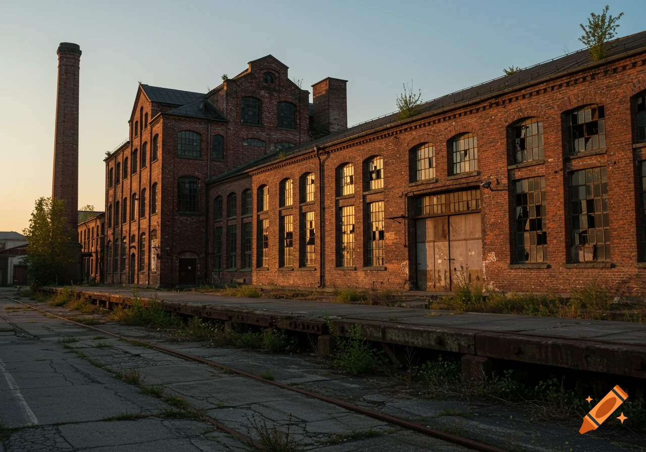 Old brick factory building with railroad loading dock at sunset