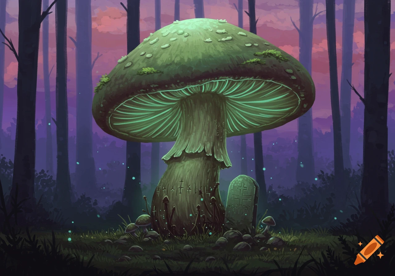 A large glowing mushroom and a tombstone in a dark forest at dusk. Digital painting.