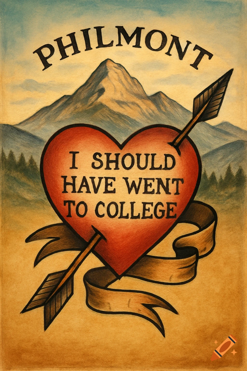 Traditional tattoo art of a heart with arrow and banner over mountains. Text says 'I SHOULD HAVE WENT TO COLLEGE' and 'PHILMONT'.