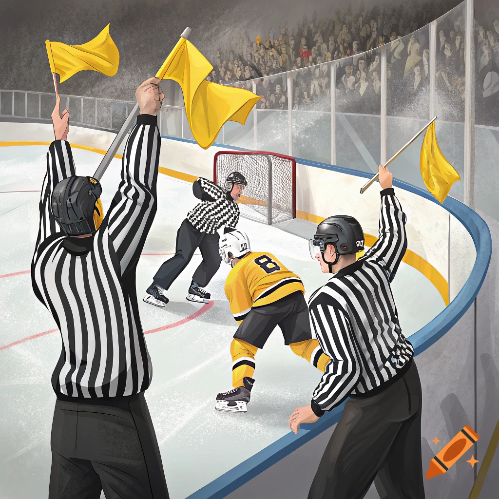 Referees throwing yellow flags during a hockey game on Craiyon