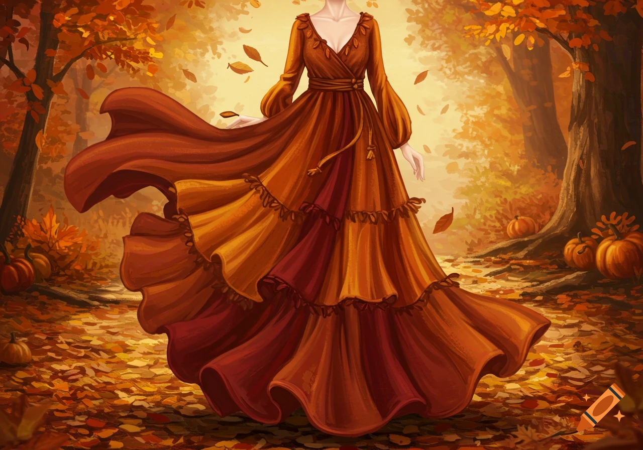 A person in a flowing brown and orange dress stands in an autumn forest scene with pumpkins and falling leaves. Painterly style.