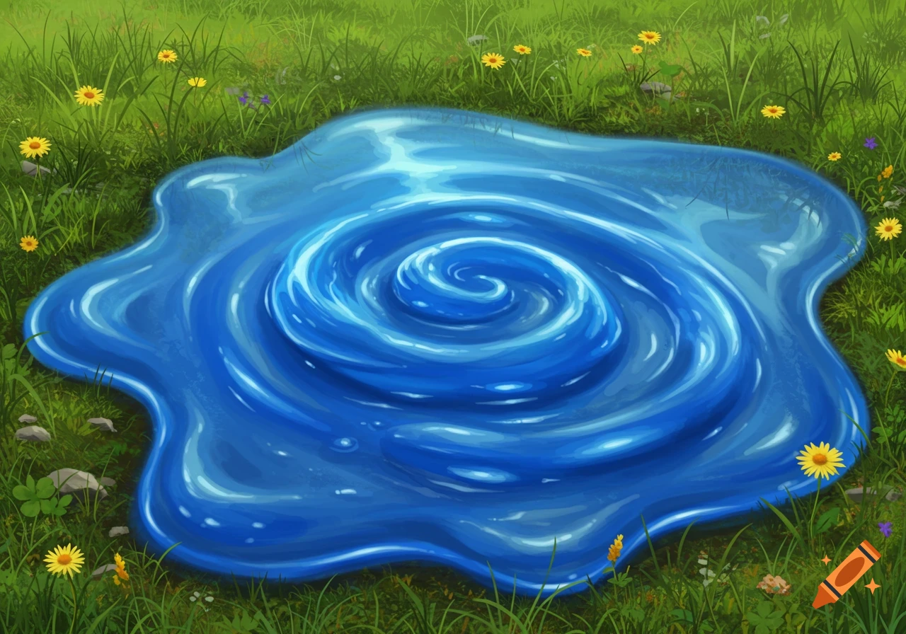 A vibrant blue swirling liquid puddle in a field of green grass and yellow flowers.