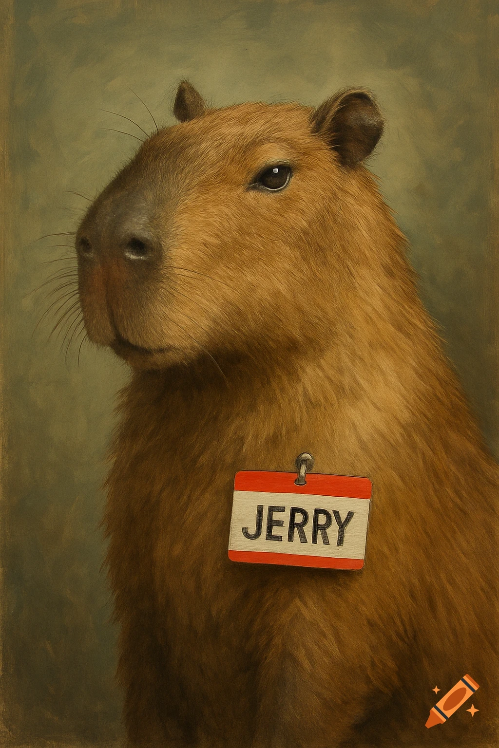 A portrait painting of a capybara wearing a nametag that says JERRY.