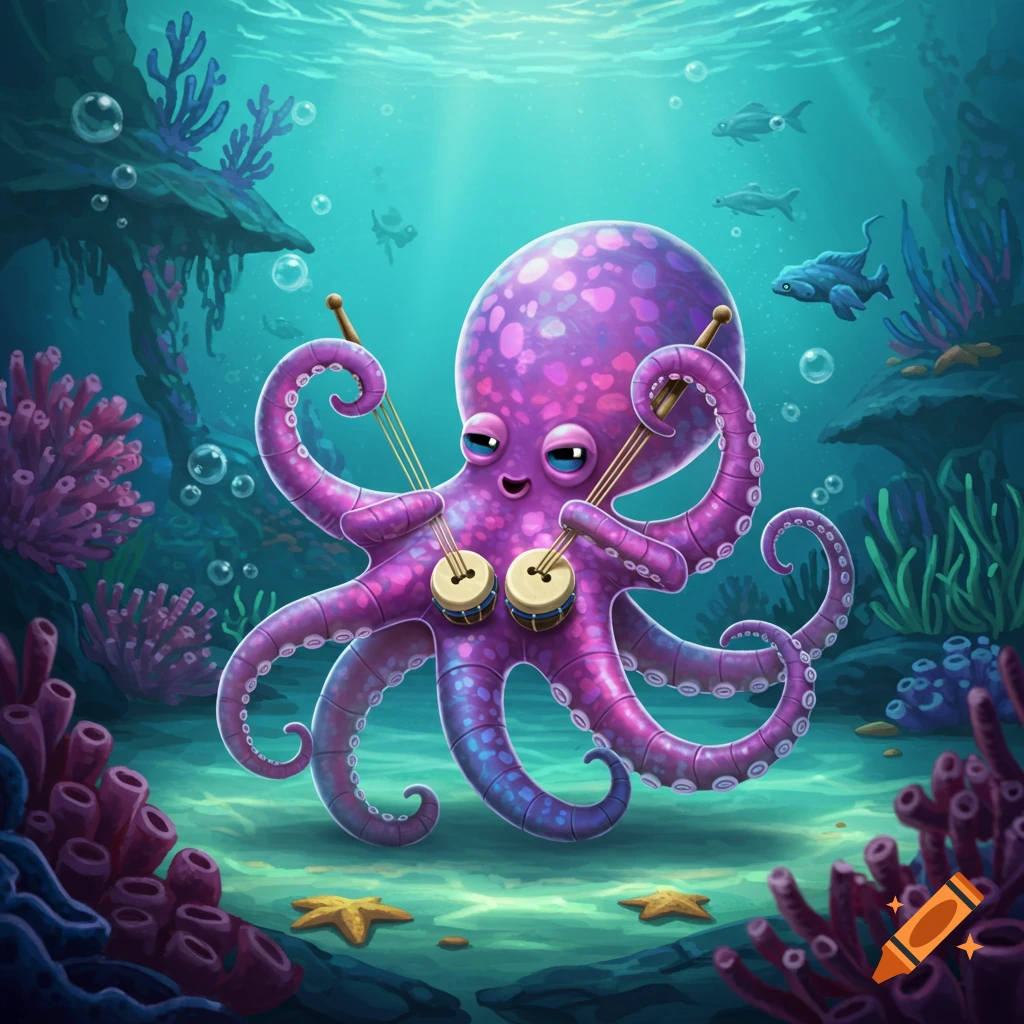Cartoon purple octopus playing a percussion instrument underwater amidst coral and fish.