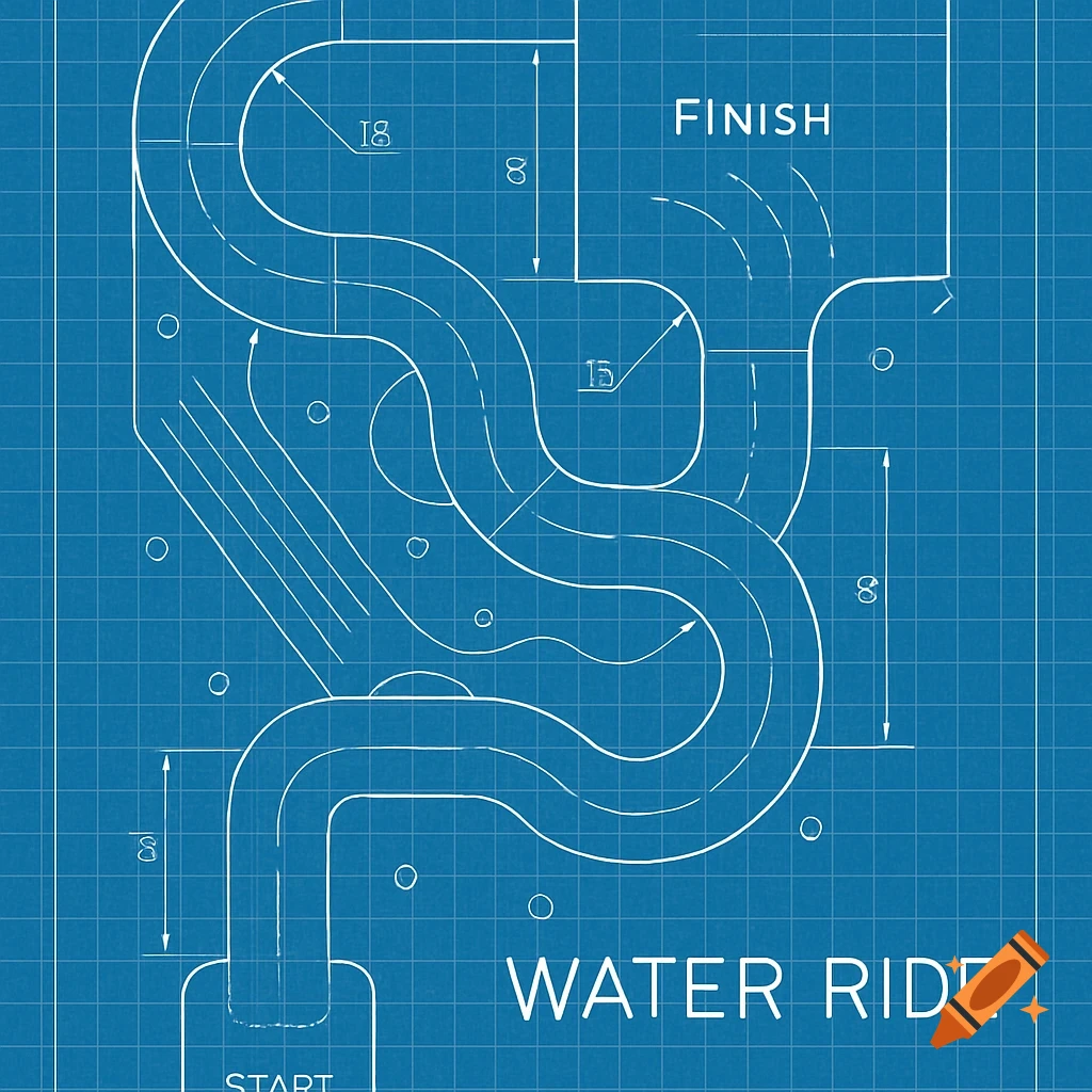 Top-down blueprint diagram of a water ride layout with start and finish points on a blue grid background.