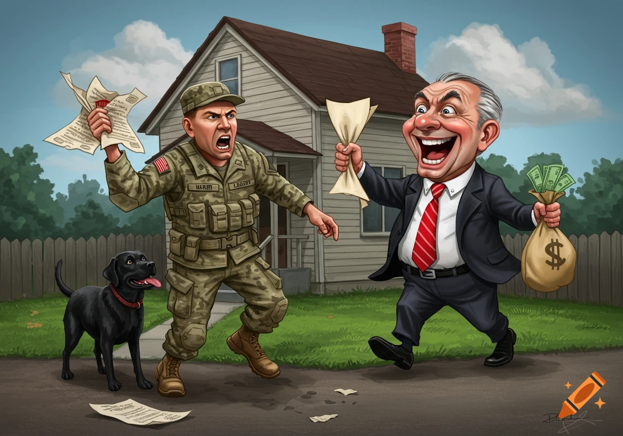 Caricature of an angry soldier and his black lab being confronted by a gleeful real estate agent holding money and papers in front of a house.